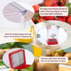 A close-up view of a red stainless steel slicer used to cut fruit and vegetables.