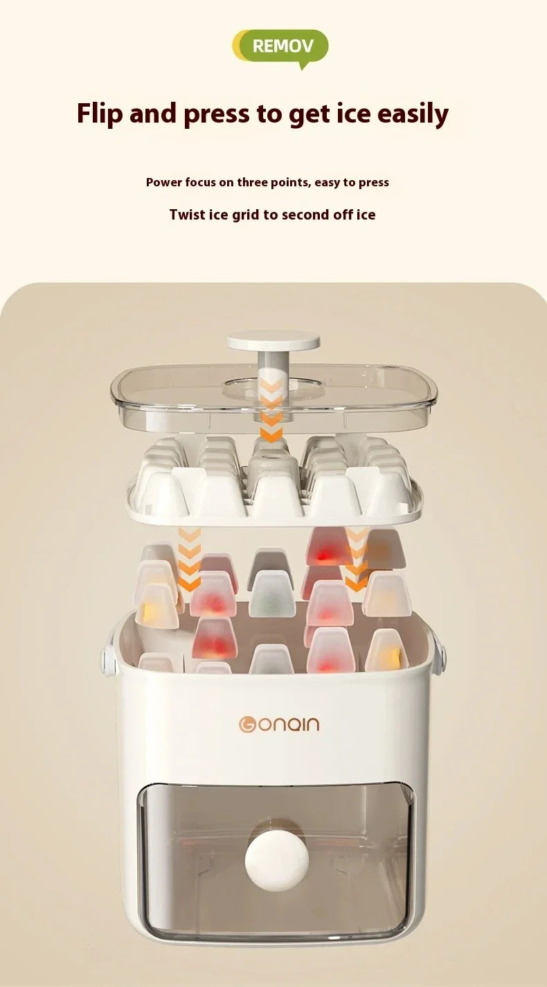 A white double-layer ice cube maker with a clear lid and multiple ice cube trays.