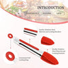 A pair of red silicone kitchen tongs with stainless steel locking brackets shown in various angles.