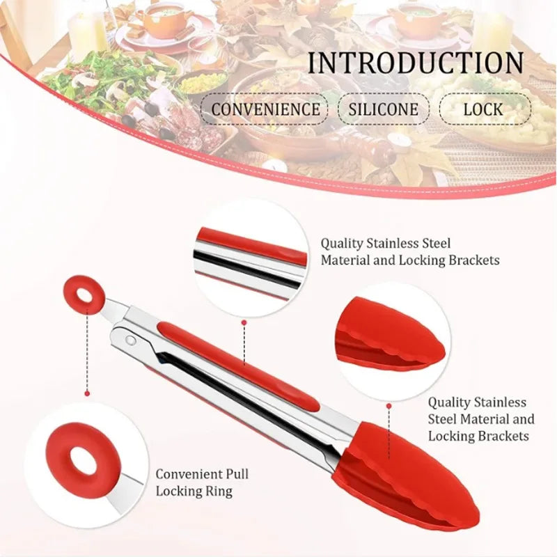 A pair of red silicone kitchen tongs with stainless steel locking brackets shown in various angles.