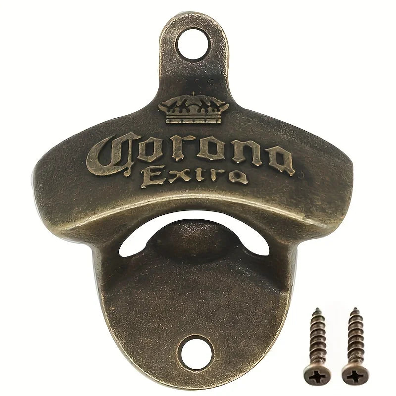 A brass retro corona wall mounted bottle opener with a decorative crown design.