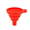A bright red silicone collapsible funnel with a spout and a narrow base.