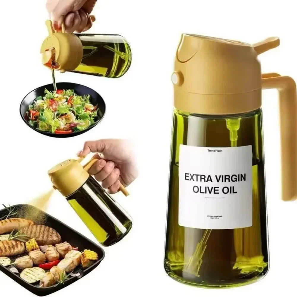 A glass bottle of extra virgin olive oil is being dispensed from a light-blocking dispenser bottle.