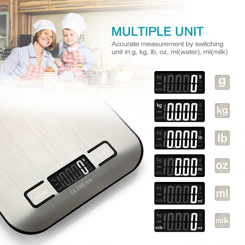 A silver digital kitchen scale is shown next to ingredients, demonstrating multiple unit conversions like grams, kilograms, o