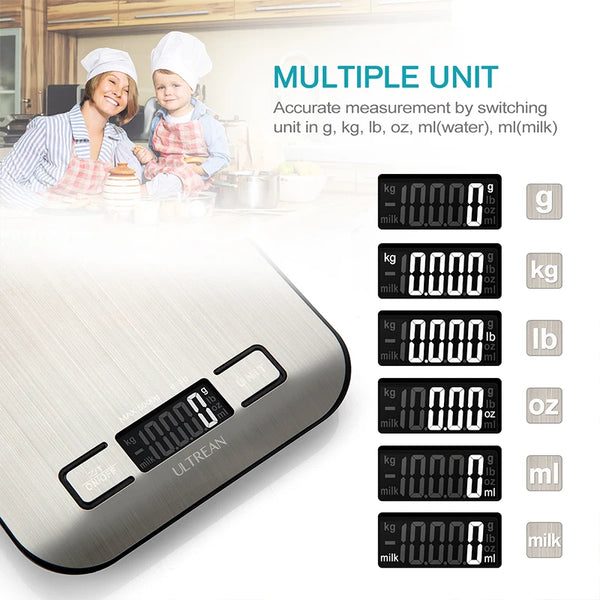 A silver digital kitchen scale is shown next to ingredients, demonstrating multiple unit conversions like grams, kilograms, o