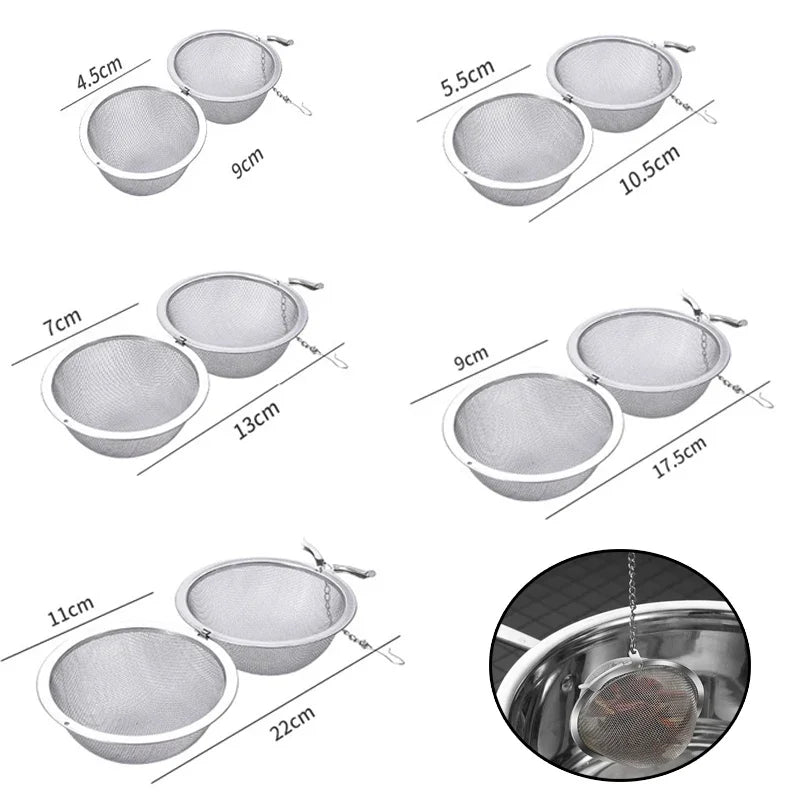 Various sizes of stainless steel tea infuser spheres shown in different angles and dimensions.
