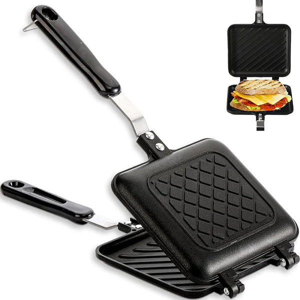 Schwarze antihaftbeschichtete Sandwich- und Grillpfanne mit Griff und Deckel