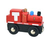 A red wooden magnetic train car set with a large white T and the number 1 on the side.