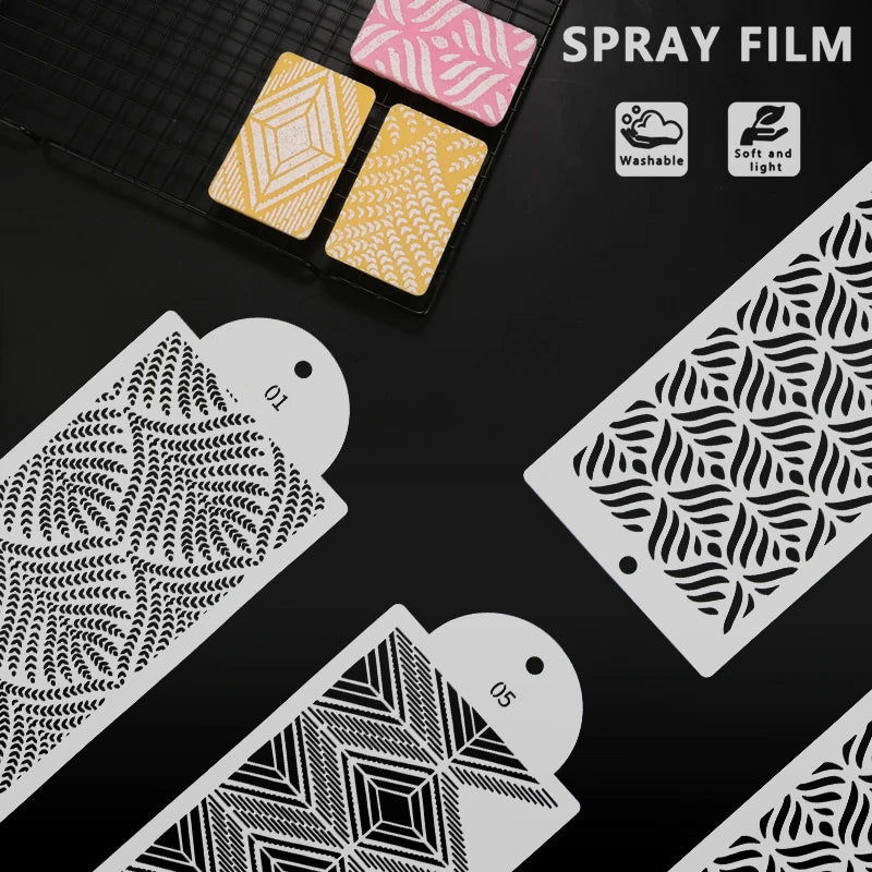 A set of decorative spray film stencils featuring various patterns on a black background.