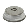 A round, gray collapsible microwave plate cover with a handle and perforated surface.