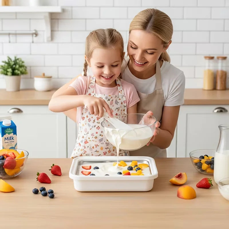 A mother and daughter prepare ice cream using a stainless steel rolled ice cream maker in a kitchen setting.