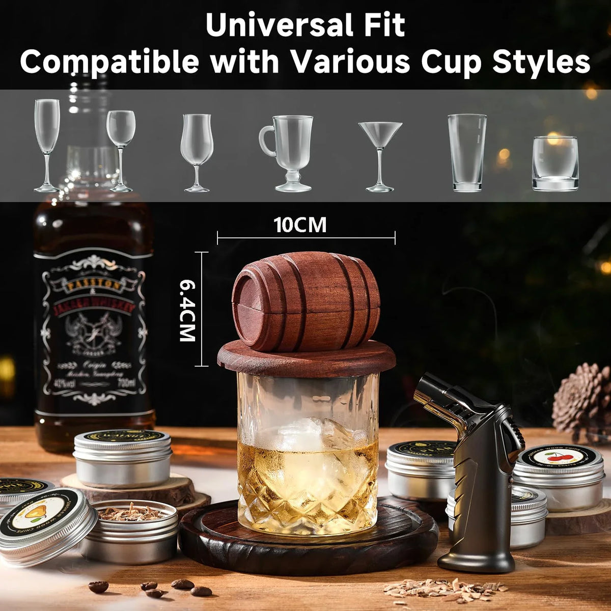 A wooden whiskey smoker kit featuring a glass jar filled with liquid and ice, surrounded by various cup styles.