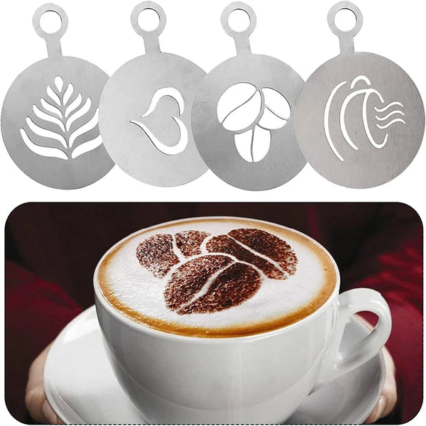 Set aus vier Edelstahl-Back- und Barista-Stencils mit Blatt-, Herz-, Kaffeebohnen- und Wellenmotiven.