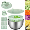 A set of multi-functional stainless steel salad spinner and vegetable slicer tools in a light green color.