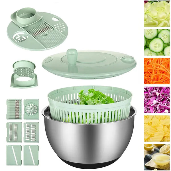 Set multifunktionaler Edelstahl-Salat-Spinner und Gemüseslicer in hellgrüner Farbe