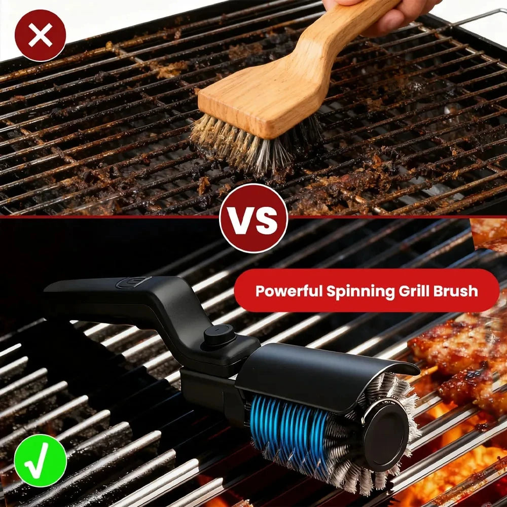 A comparison showing a wooden grill brush and a powerful spinning grill brush for cleaning barbecue grates.