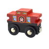 A red wooden magnetic train car set with windows and wheels.