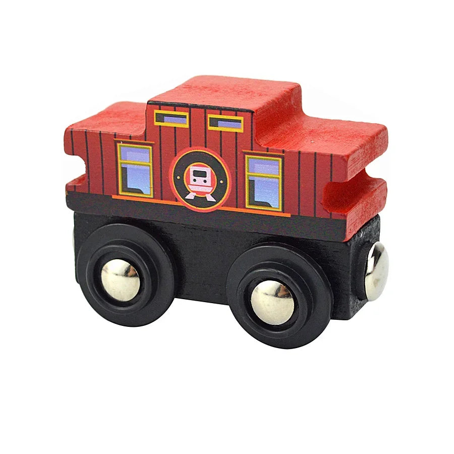 A red wooden magnetic train car set with windows and wheels.