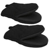 A pair of black heat resistant oven mitts with non-slip silicone grips.