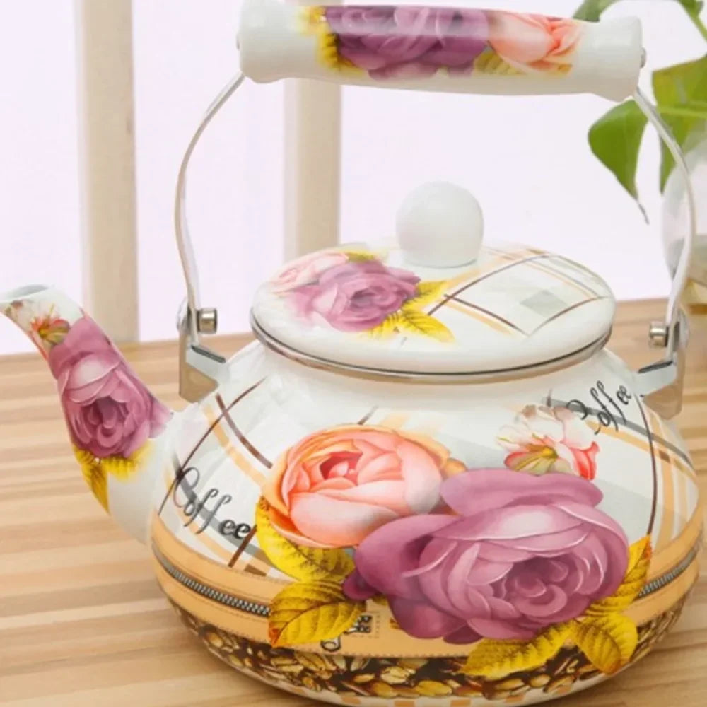 A ceramic teapot with a white lid and a handle featuring pink and purple floral designs.