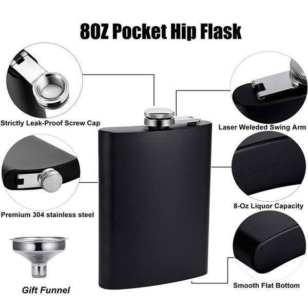 Matte black stainless steel hip flask featuring a screw cap, laser-welded swing arm, and gift funnel.