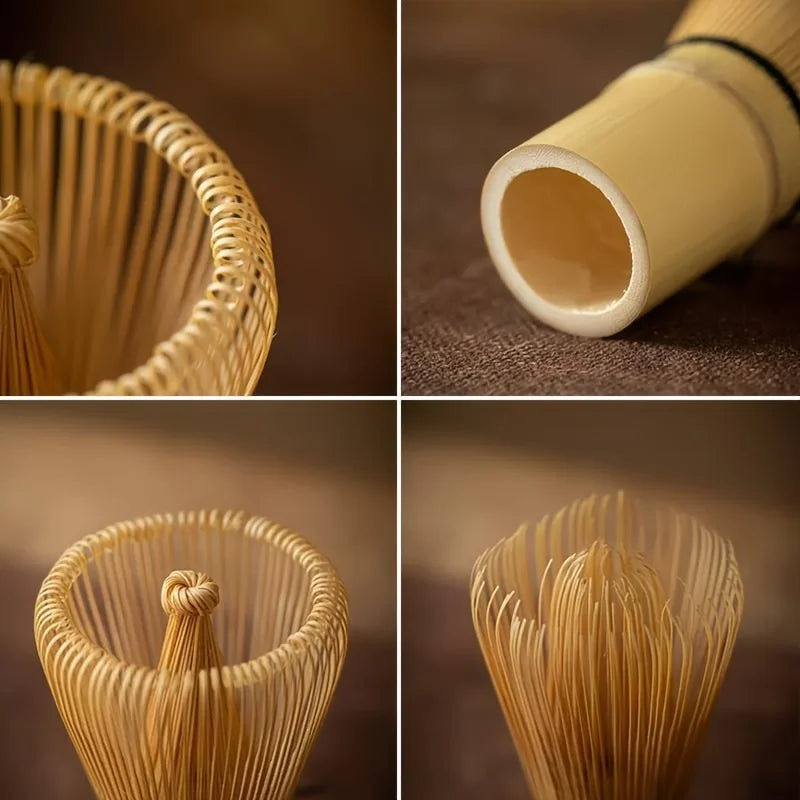 Close-up view of a natural bamboo tea tools set showing various components like a whisk and a cylindrical tool.