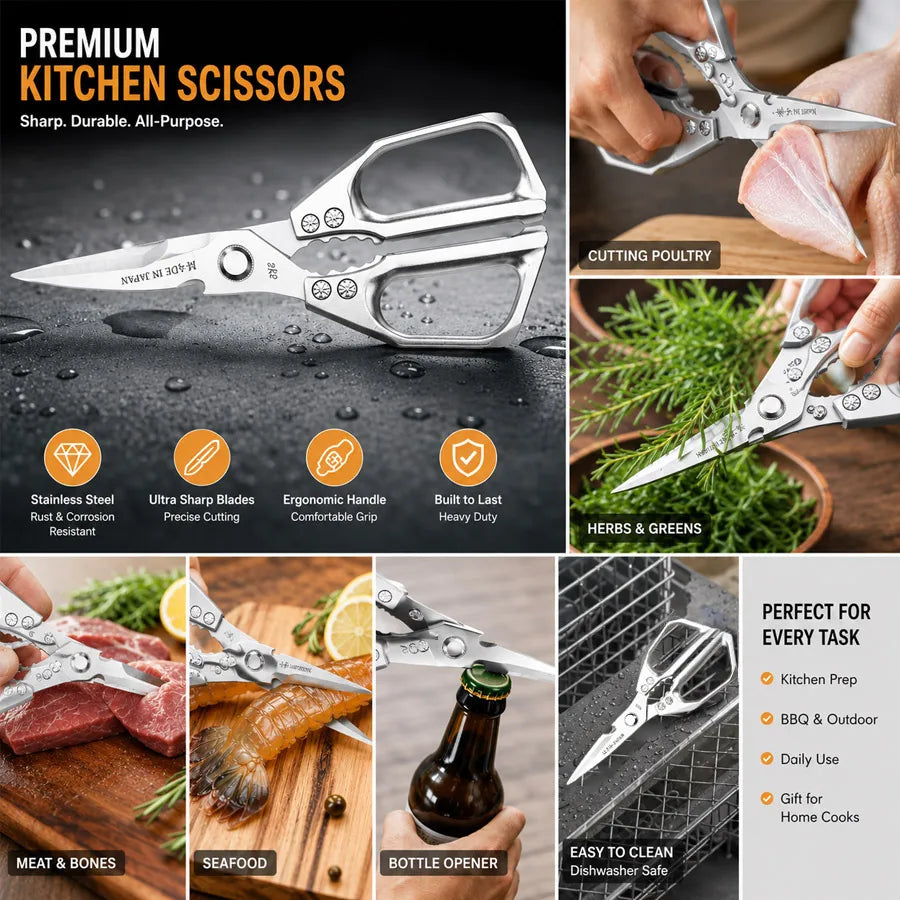 A set of stainless steel kitchen scissors and tools for cutting poultry, meat, seafood, and herbs.