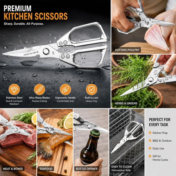 Set aus Edelstahl-Küchenschere und -werkzeugen zum Schneiden von Geflügel, Fleisch, Meeresfrüchten und Kräutern.
