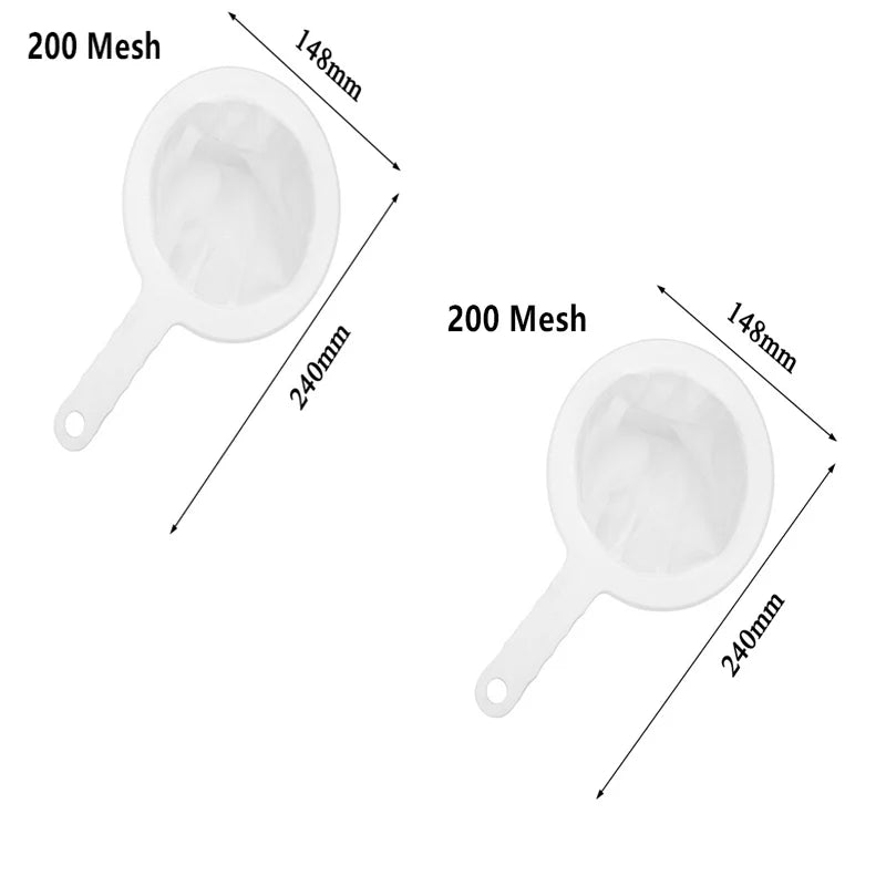 A white multi-mesh fine strainer shown in a side view with dimensions 148mm and 240mm.