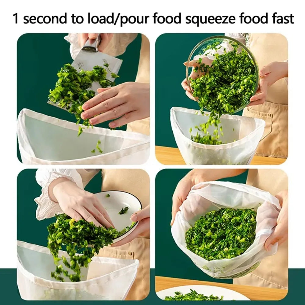 Hands squeeze fresh green food into reusable kitchen filter bags for fast food preparation