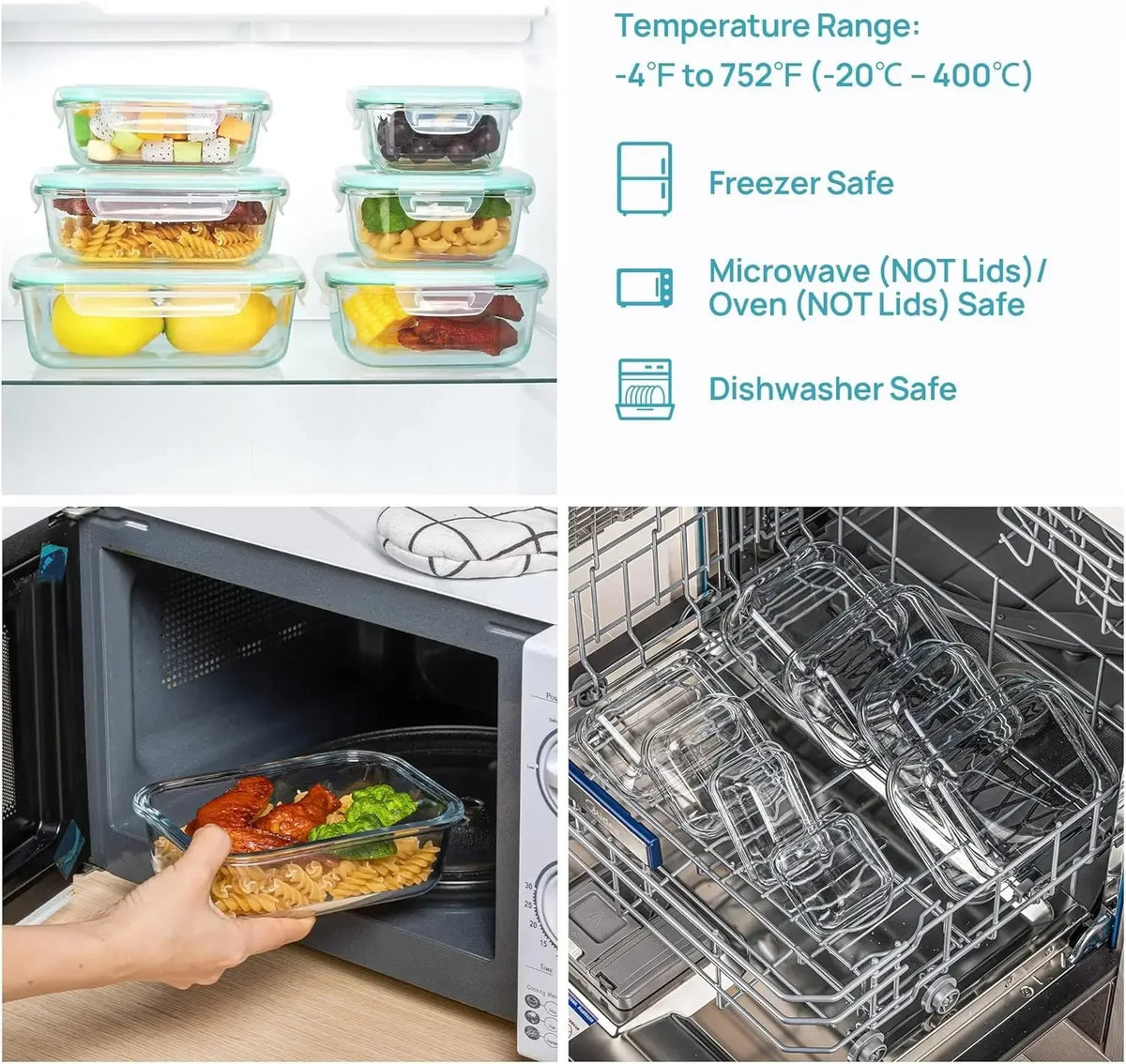 A row of clear glass lunch containers is displayed, showing various foods in a refrigerator, with text indicating freezer, mi