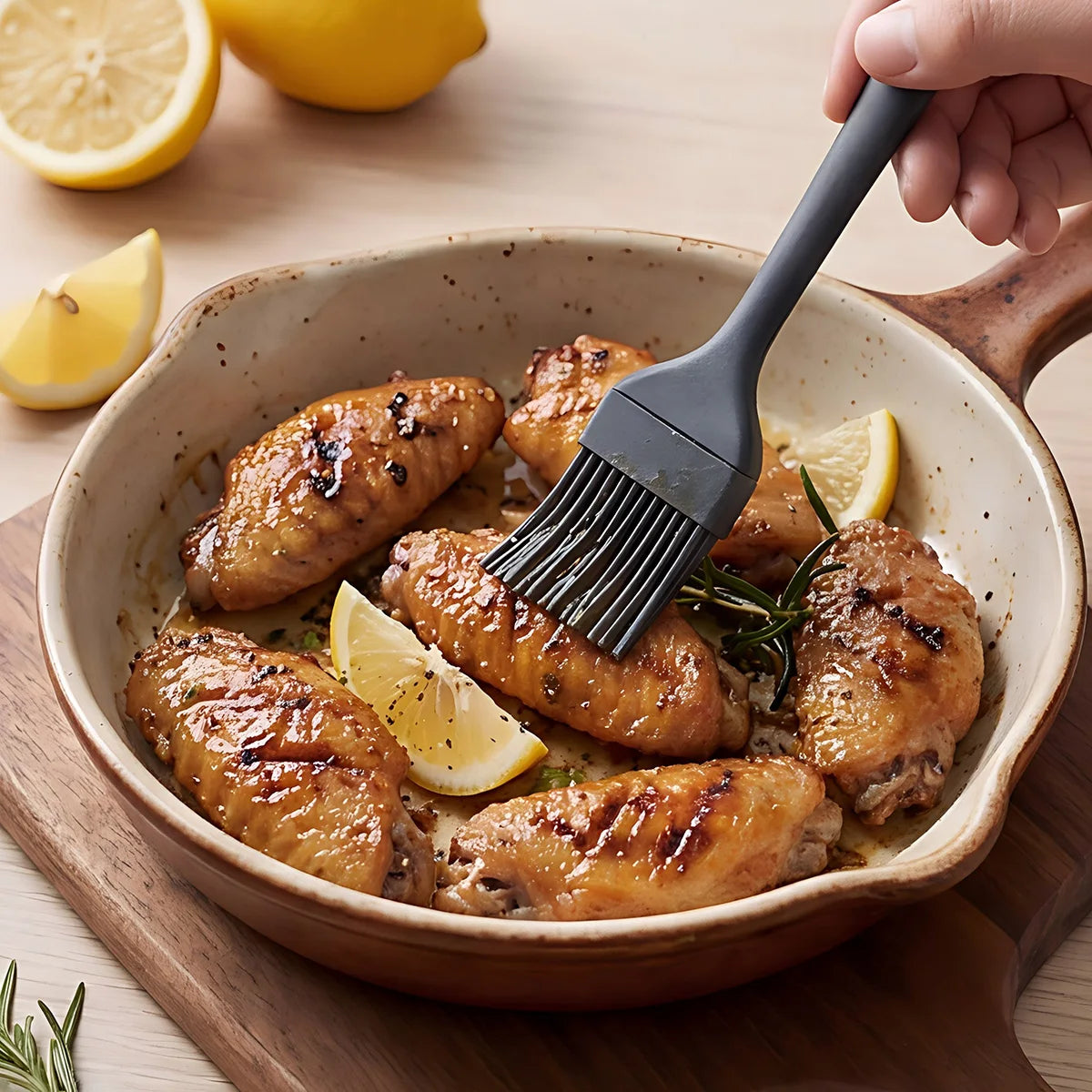 A hand uses a silicone kitchen tool to serve grilled chicken pieces in a rustic bowl.