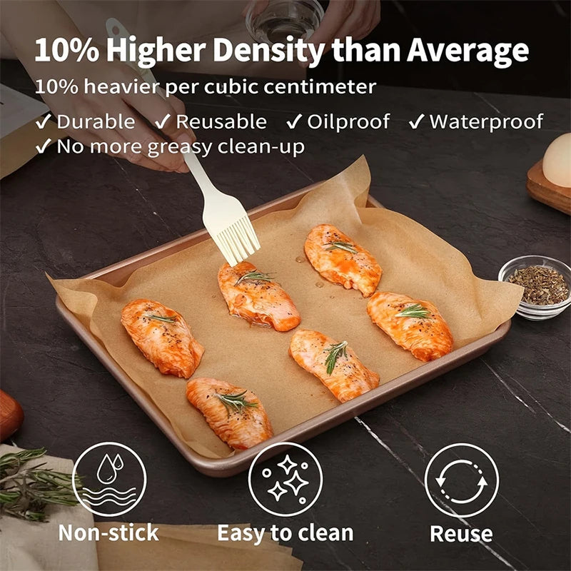 A baking sheet lined with parchment paper showing several orange-colored baked items, emphasizing durability and reusability.
