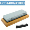 A light blue grit sharpening stone set labeled Grit #400/#1000, including a wooden base and a black sharpening blade.