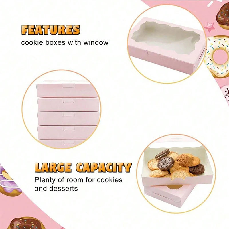Pink decorative kraft paper cookie boxes with windows showing various cookies and desserts