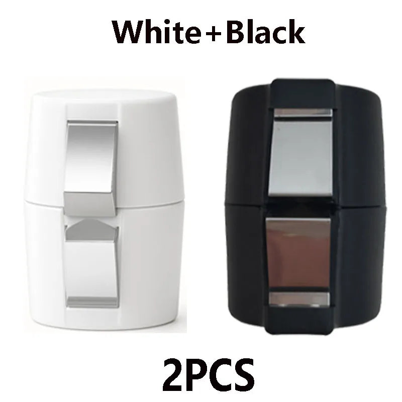 Two white and black manual egg shell openers and beaters shown side by side.