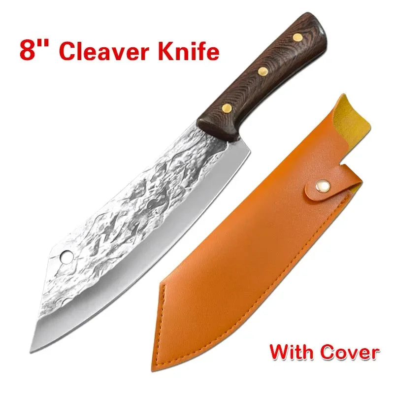 An 8 inch cleaver knife with a wooden handle and leather cover shown from the side.