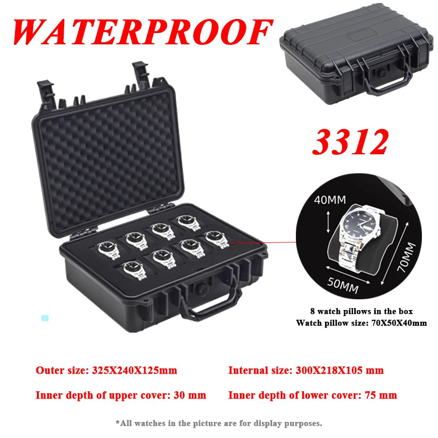 Black waterproof plastic watch storage case with an open lid and internal dimensions listed.