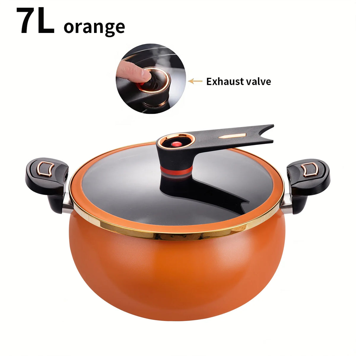 Orange 7L non-stick pressure cooker with a black lid and an exhaust valve visible.