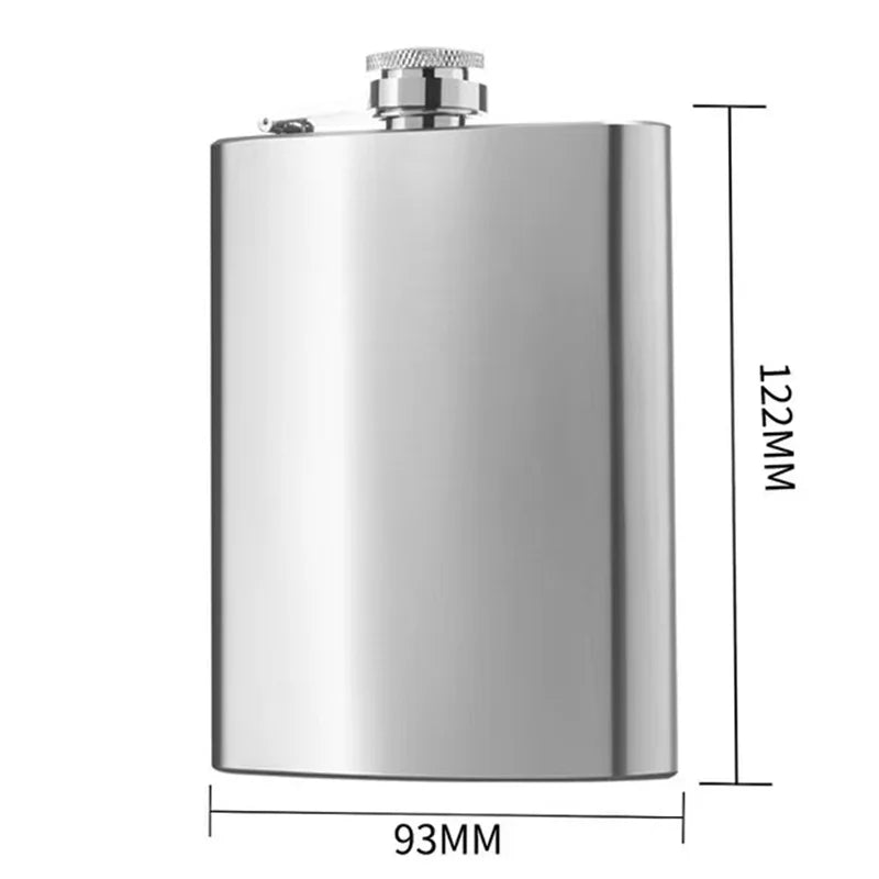 A silver portable stainless steel hip flask with a metal cap and a 122mm height.