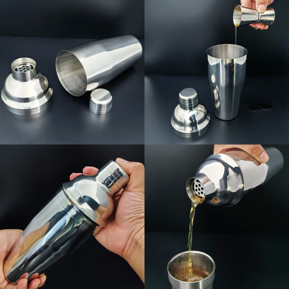 Professionelles Cocktail-Shaker-Set mit Edelstahl-Rührwerkzeugen und einem Glas zur Zubereitung von Getränken