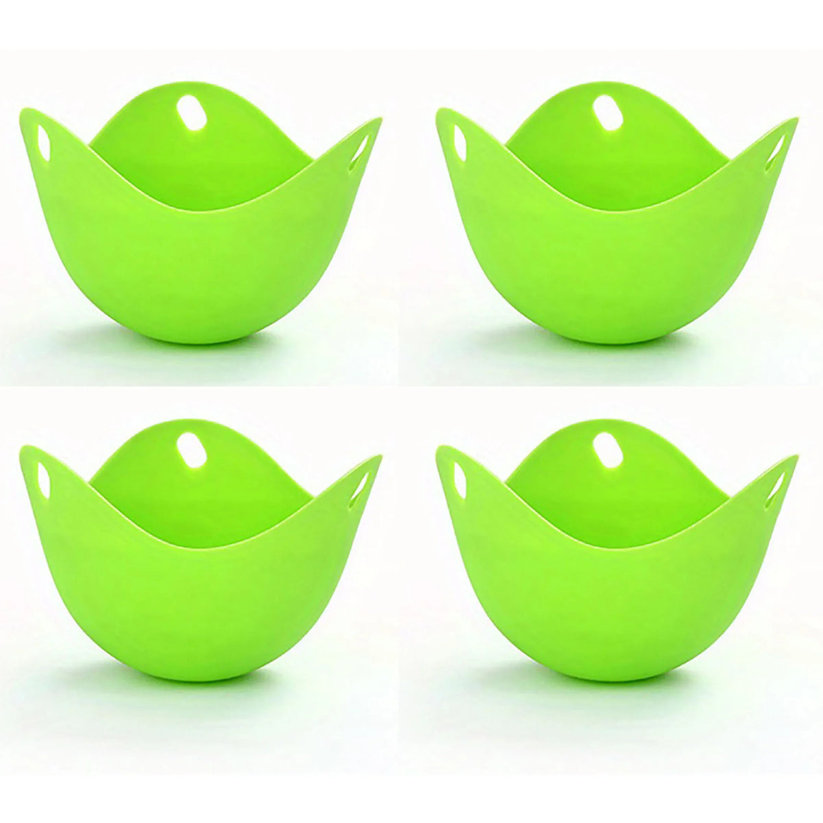 A set of bright lime green silicone egg poachers shown from multiple angles.