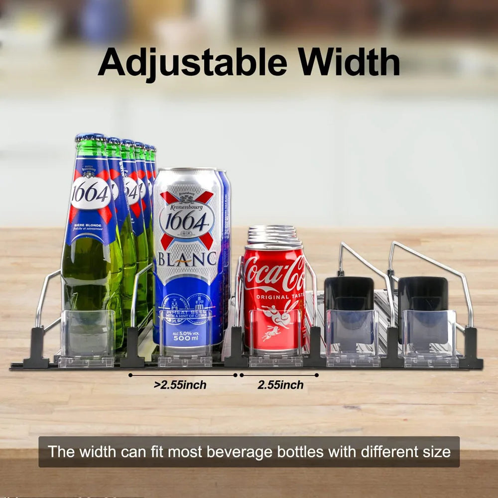 Adjustable spring-loaded organizer holding various size beverage cans and bottles