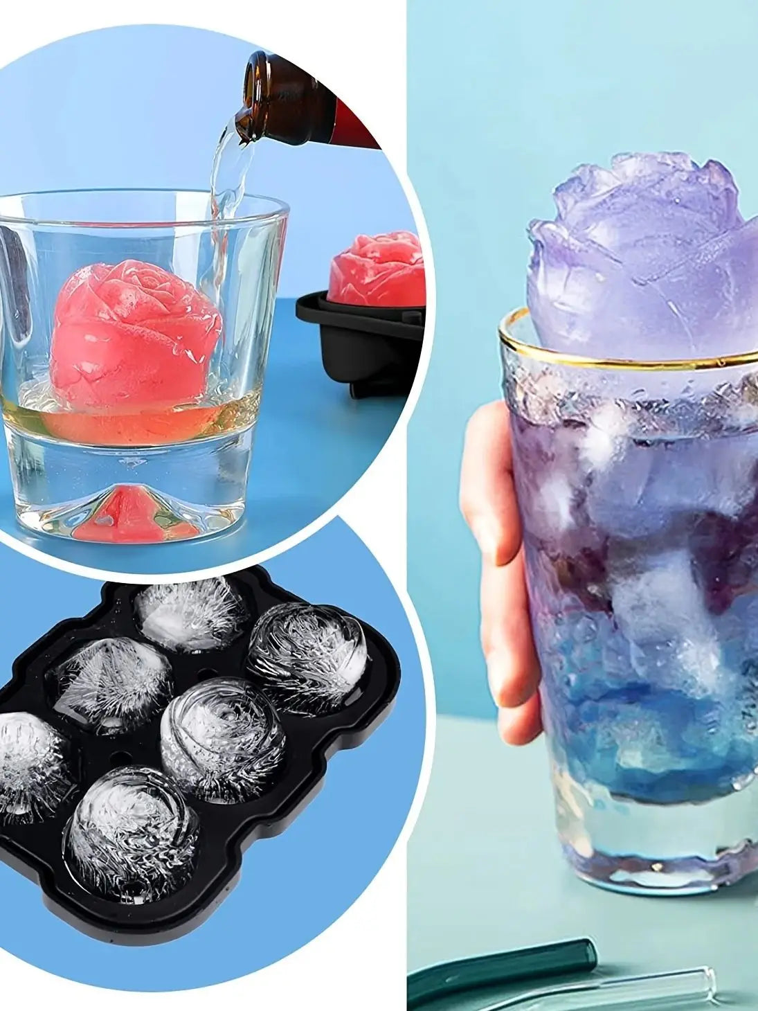 Silicone molds for diamond rose shaped ice cubes shown with liquid pouring and finished ice cubes.