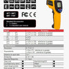 A yellow digital infrared thermometer labeled GM320 showing specifications and the device itself.