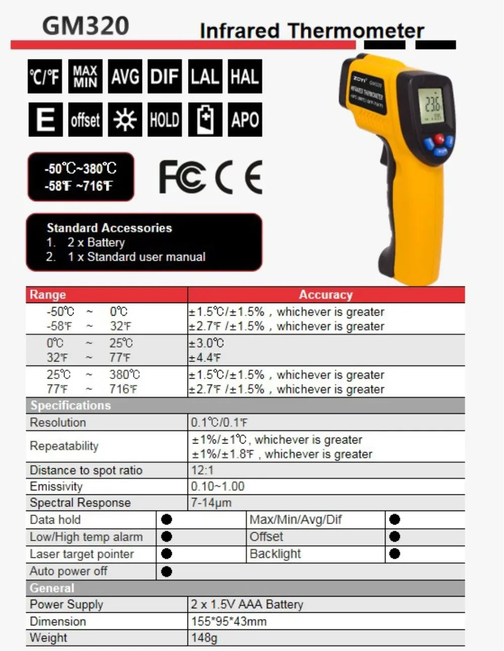 A yellow digital infrared thermometer labeled GM320 showing specifications and the device itself.