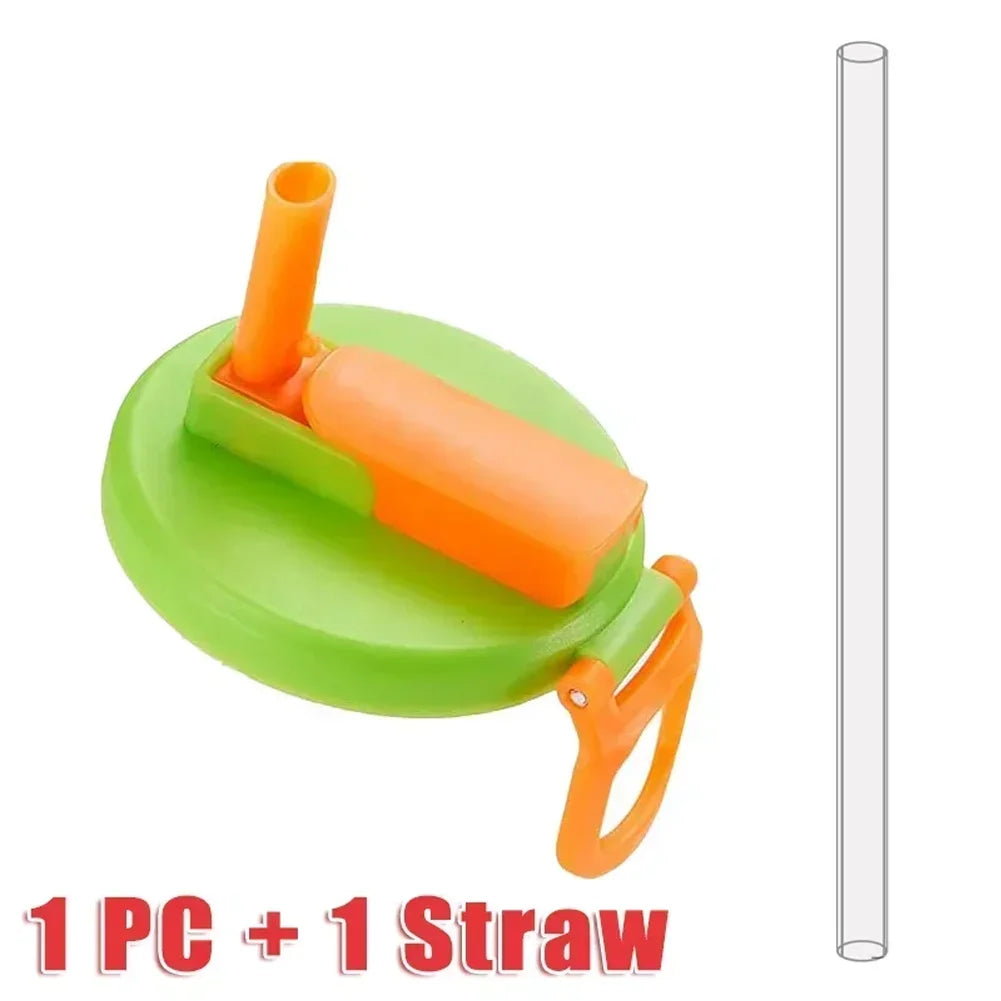 A green silicone can lid with an orange straw attached, designed for reusable containers.