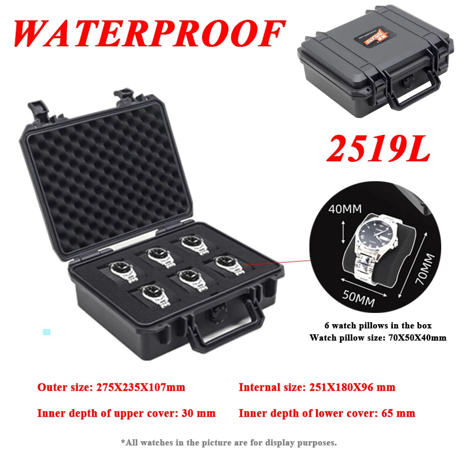 Black waterproof watch storage case with an open lid showing six watch pillows and dimensions.