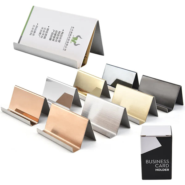 A display stand for business cards featuring elegant stainless steel holders in various finishes.