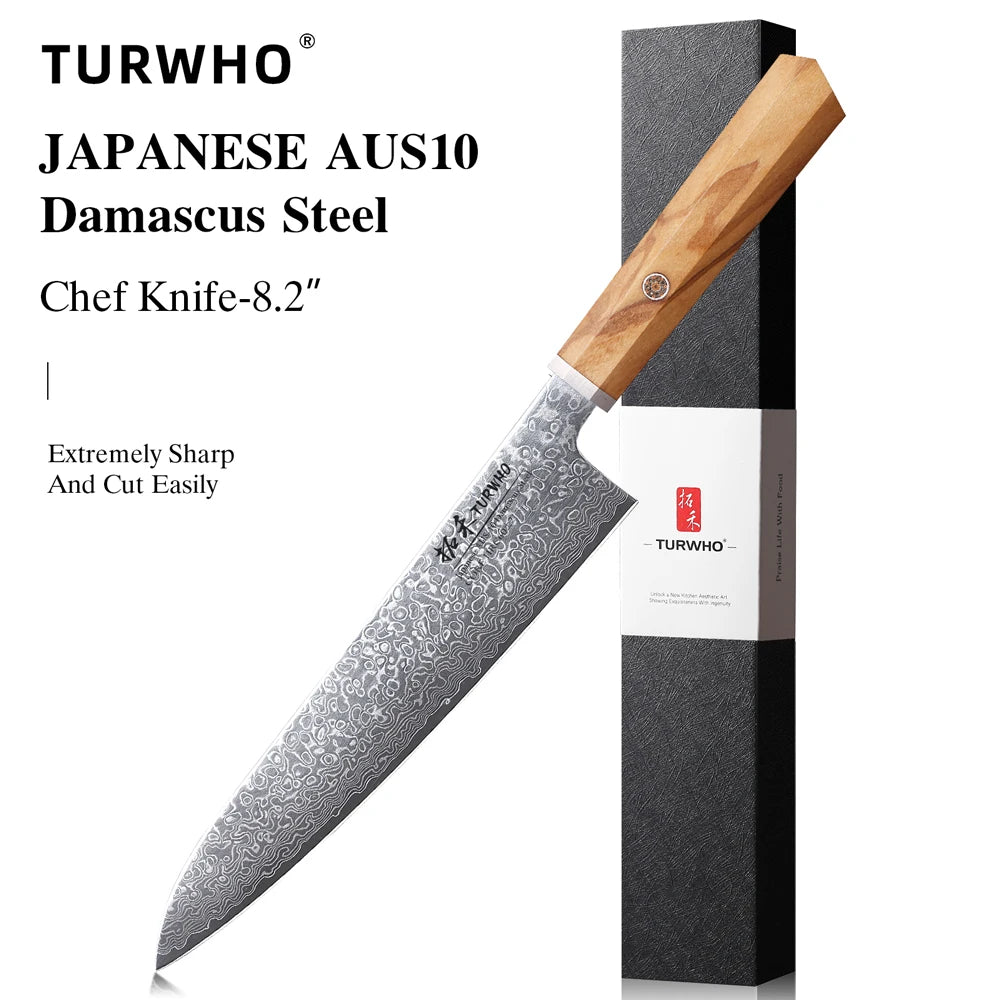 A Japanese AUS10 Damascus steel chef knife with a wooden handle displayed next to its packaging box.